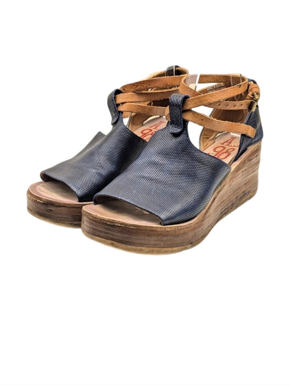 A.S.98 Nino Leather Platform Wedge Sandals Navy Ankle Wrap EU 40 US 9/9.5 S4114 - Picture 8 of 13